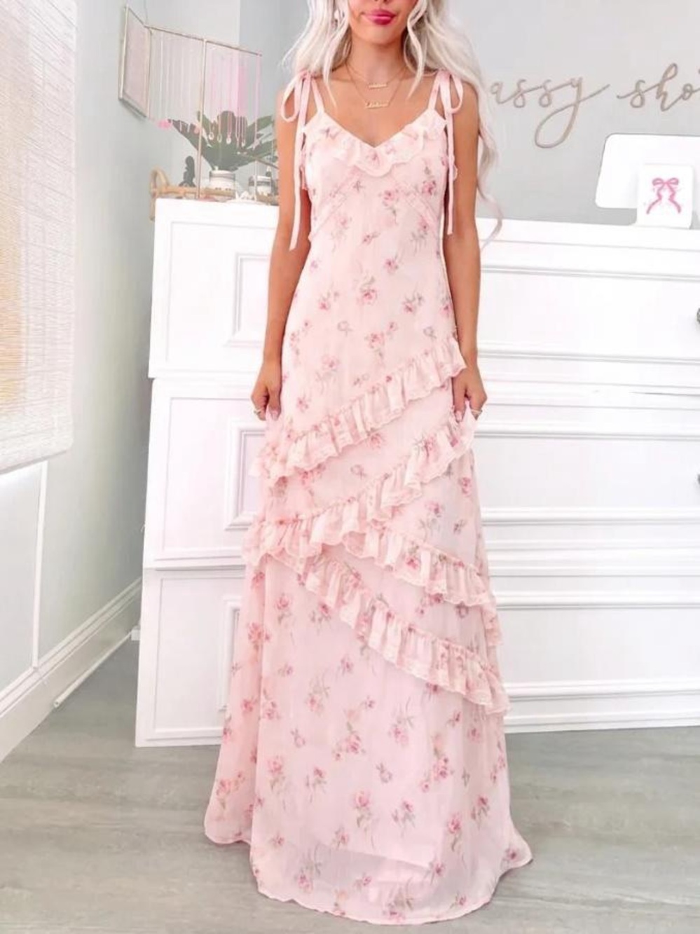 Blush Pink Floral Ruffle Maxi Dress – Cottagecore Romance Slip Gown